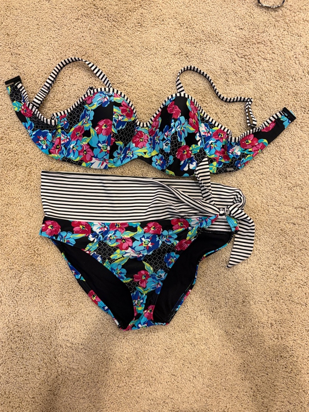 Panache Black White Striped Bikini with Turquoise Accents